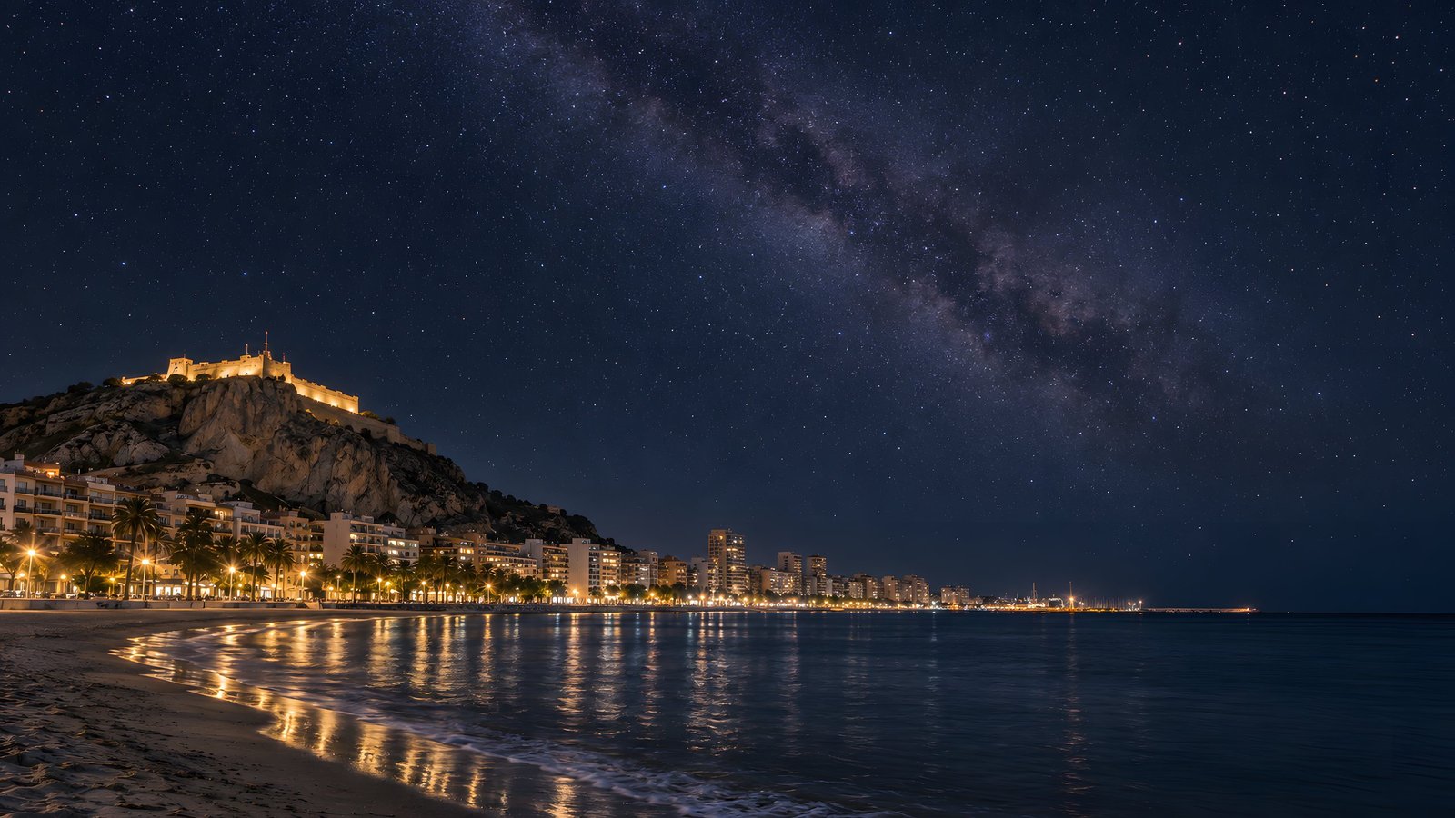 Aktivitäten in Alicante bei Nacht: die beleuchtete Burg Santa Bárbara über dem Strand Postiguet unter der Milchstraße — Alicante Tech Vibes